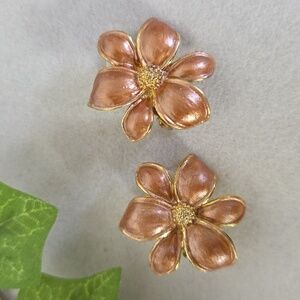 Gold Taupe Enamal Flower Clip On Earrings
